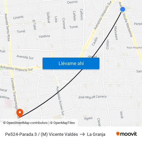 Pe524-Parada 3 / (M) Vicente Valdés to La Granja map