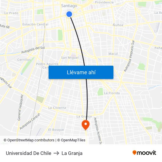 Universidad De Chile to La Granja map