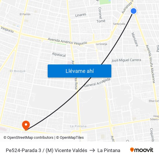 Pe524-Parada 3 / (M) Vicente Valdés to La Pintana map