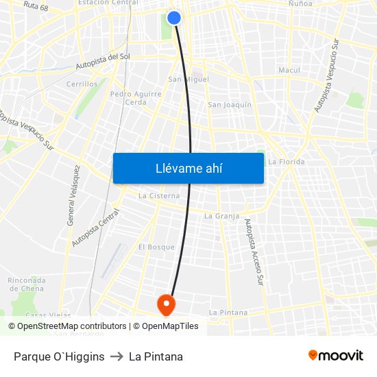 Parque O`Higgins to La Pintana map