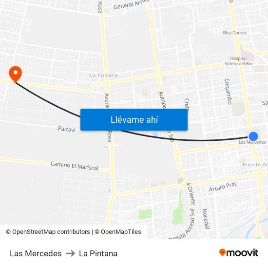 Las Mercedes to La Pintana map