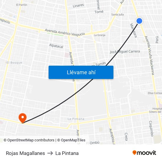 Rojas Magallanes to La Pintana map