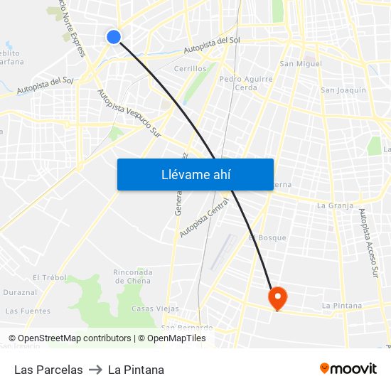 Las Parcelas to La Pintana map