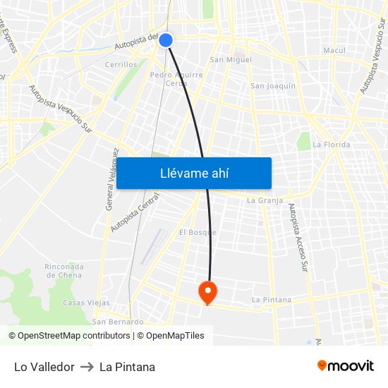 Lo Valledor to La Pintana map