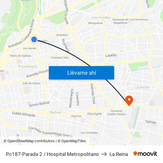 Pc187-Parada 2 / Hospital Metropolitano to La Reina map