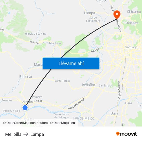 Melipilla to Lampa map