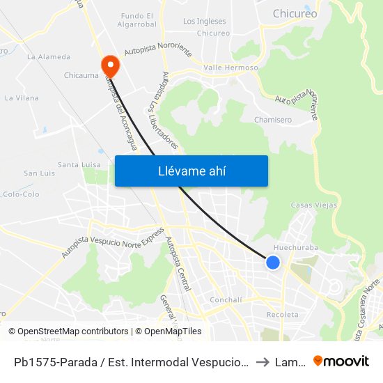 Pb1575-Parada / Est. Intermodal Vespucio Norte to Lampa map