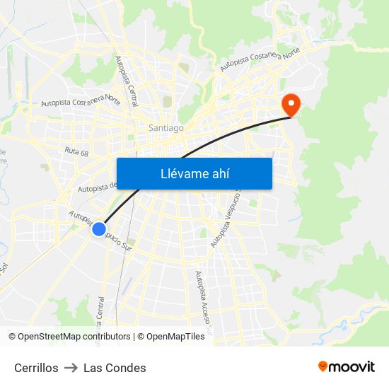 Cerrillos to Las Condes map