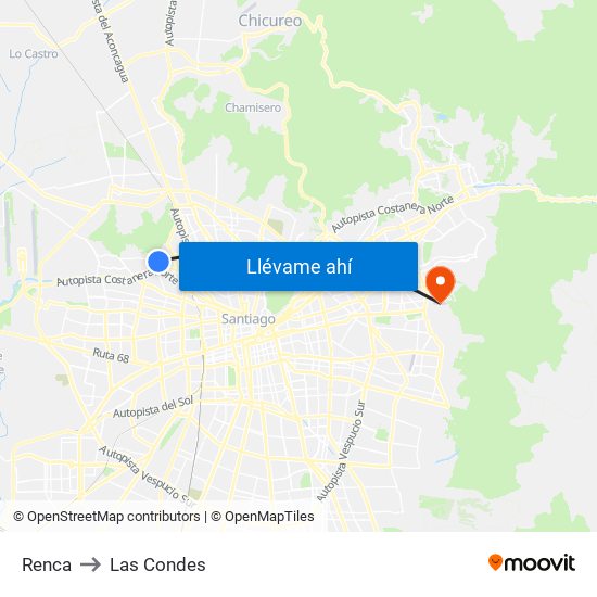 Renca to Las Condes map