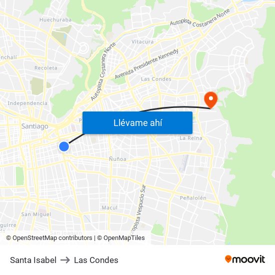 Santa Isabel to Las Condes map