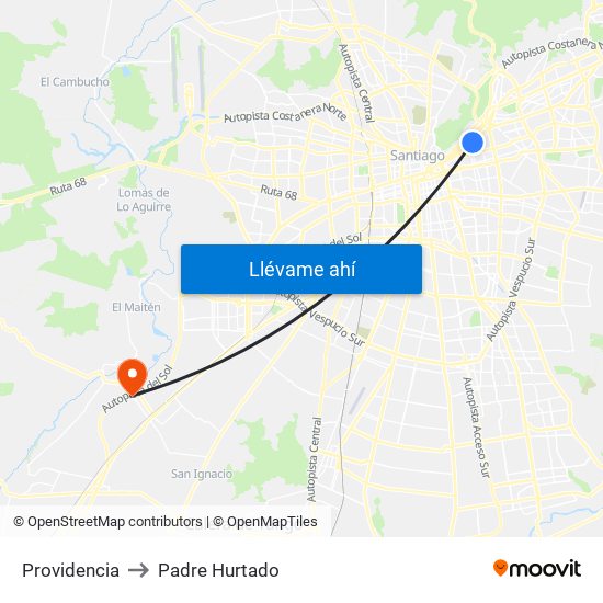 Providencia to Padre Hurtado map