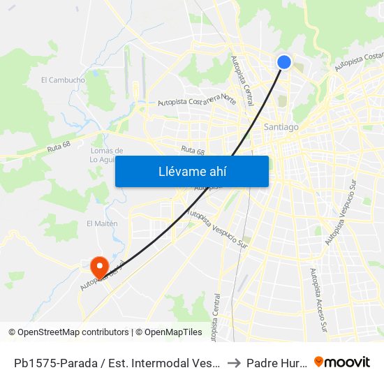 Pb1575-Parada / Est. Intermodal Vespucio Norte to Padre Hurtado map