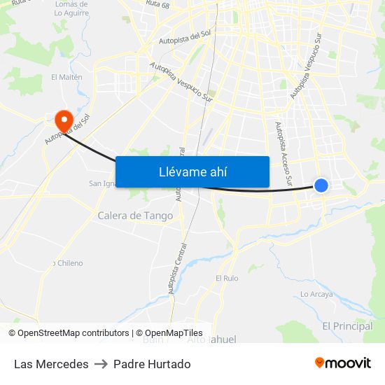 Las Mercedes to Padre Hurtado map