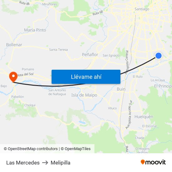 Las Mercedes to Melipilla map