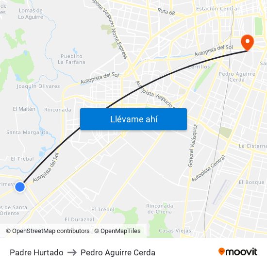Padre Hurtado to Pedro Aguirre Cerda map