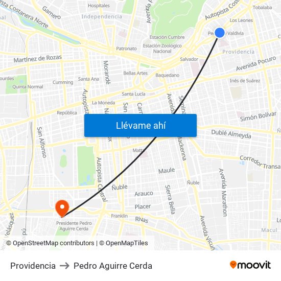 Providencia to Pedro Aguirre Cerda map