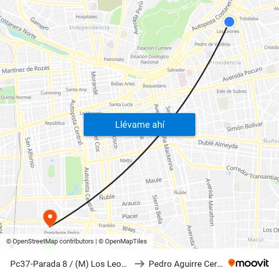 Pc37-Parada 8 / (M) Los Leones to Pedro Aguirre Cerda map