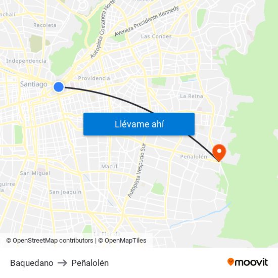 Baquedano to Peñalolén map
