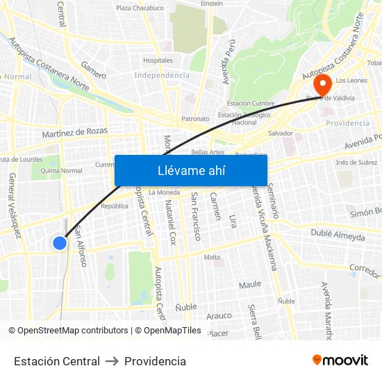 Estación Central to Providencia map