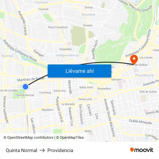 Quinta Normal to Providencia map