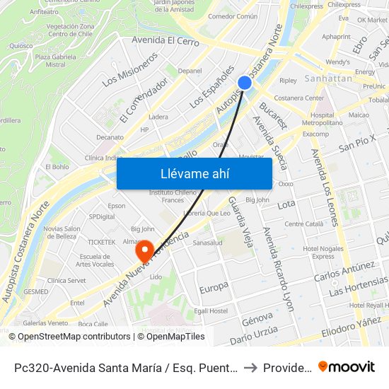 Pc320-Avenida Santa María / Esq. Puente Los Leones to Providencia map