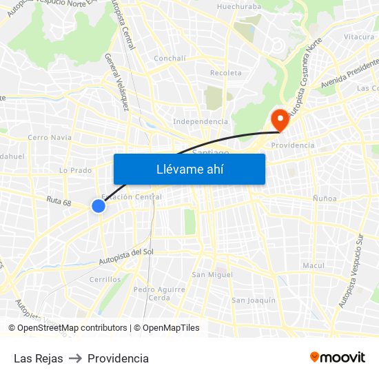 Las Rejas to Providencia map