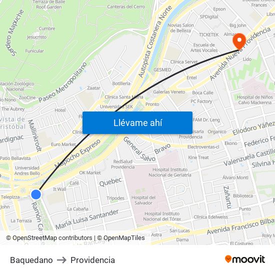 Baquedano to Providencia map