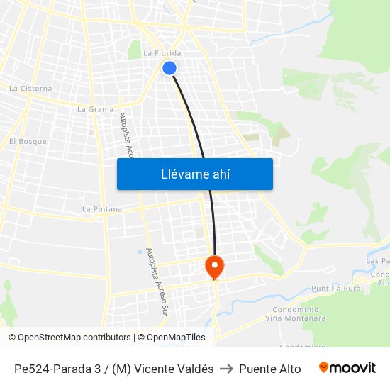 Pe524-Parada 3 / (M) Vicente Valdés to Puente Alto map