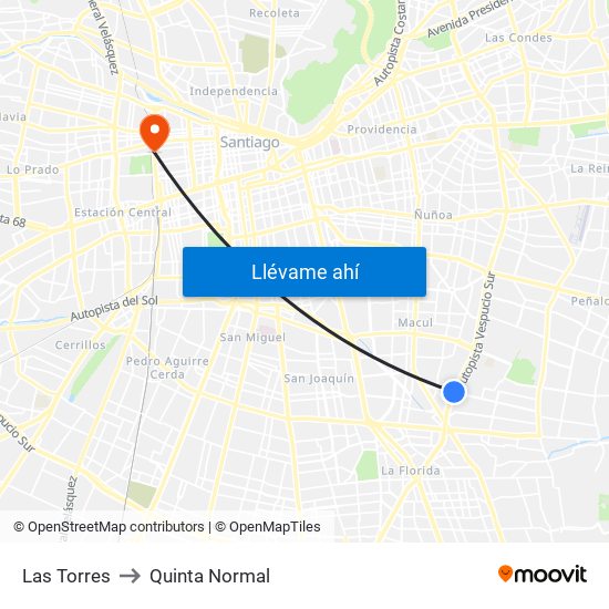 Las Torres to Quinta Normal map