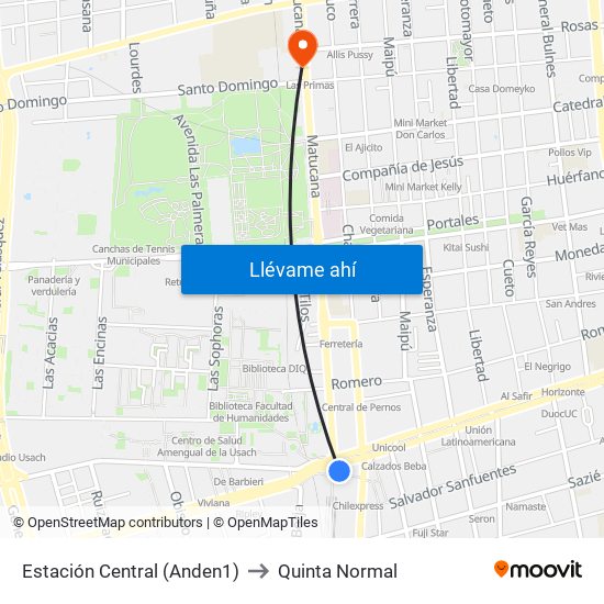 Estación Central (Anden1) to Quinta Normal map