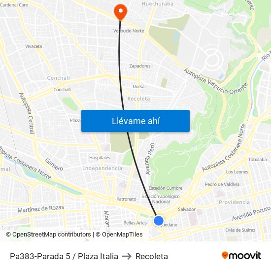 Pa383-Parada 5 / Plaza Italia to Recoleta map