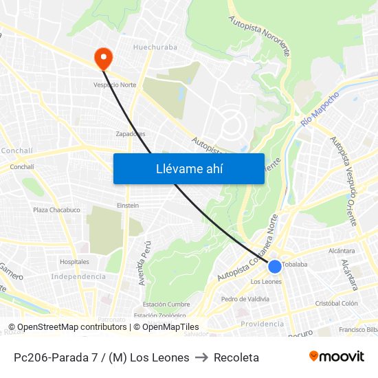 Pc206-Parada 7 / (M) Los Leones to Recoleta map