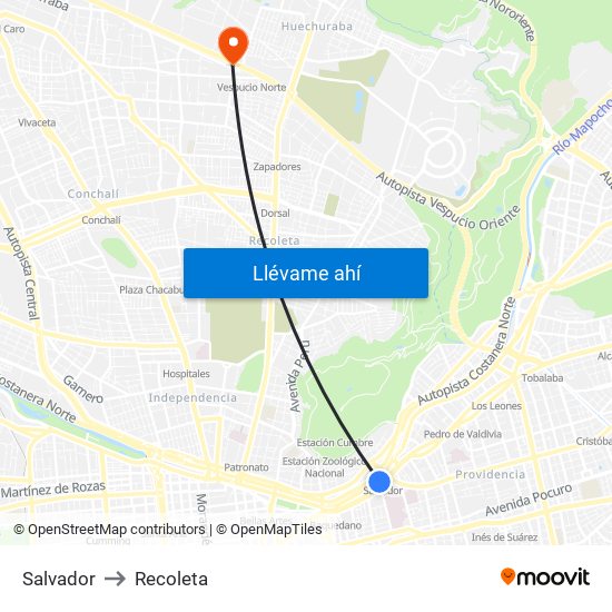 Salvador to Recoleta map