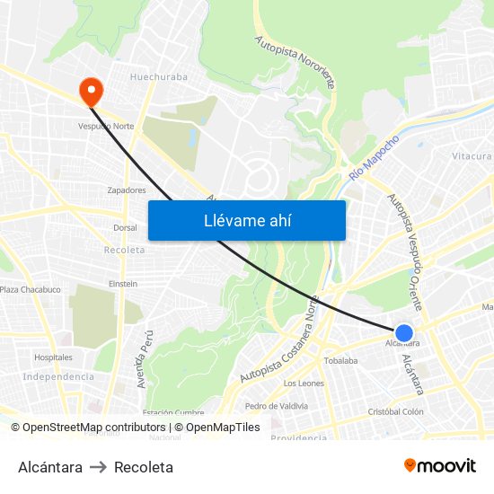 Alcántara to Recoleta map
