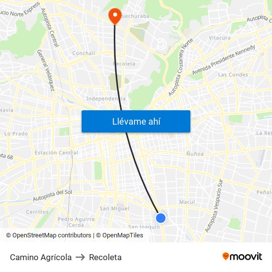 Camino Agrícola to Recoleta map
