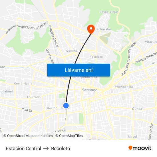 Estación Central to Recoleta map