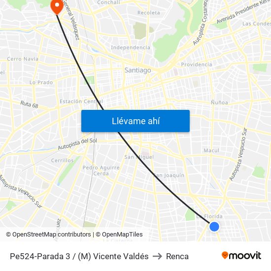 Pe524-Parada 3 / (M) Vicente Valdés to Renca map