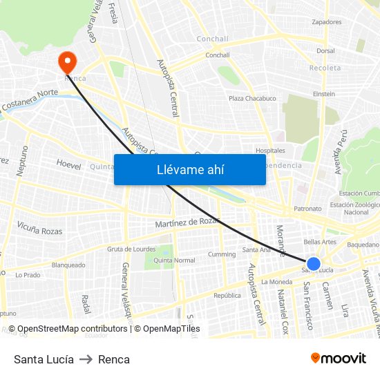 Santa Lucía to Renca map