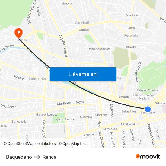 Baquedano to Renca map