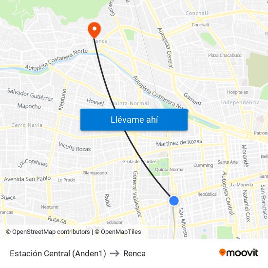 Estación Central (Anden1) to Renca map