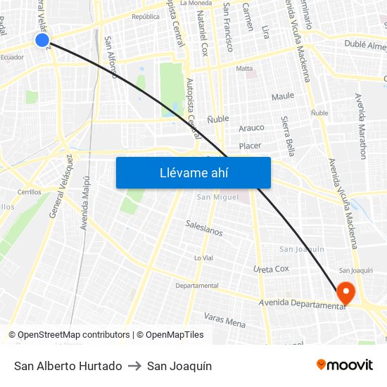 San Alberto Hurtado to San Joaquín map