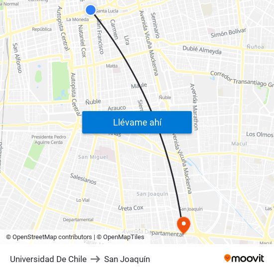 Universidad De Chile to San Joaquín map