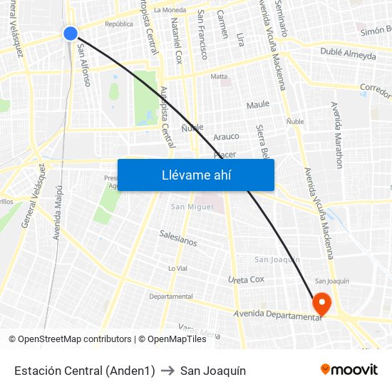 Estación Central (Anden1) to San Joaquín map