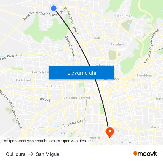 Quilicura to San Miguel map