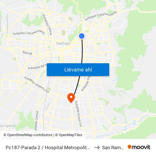 Pc187-Parada 2 / Hospital Metropolitano to San Ramón map