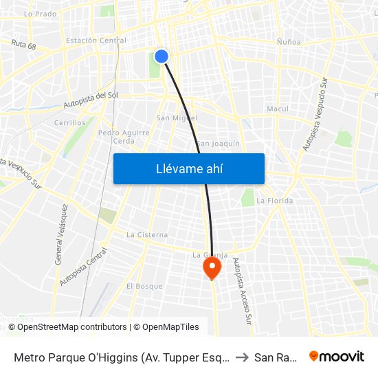 Metro Parque O'Higgins (Av. Tupper Esq. Av. Viel) to San Ramón map