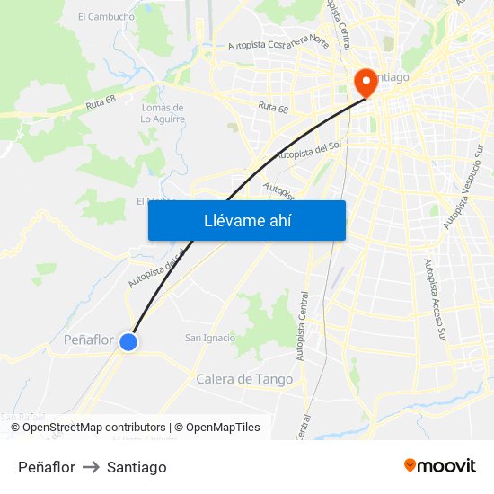 Peñaflor to Santiago map