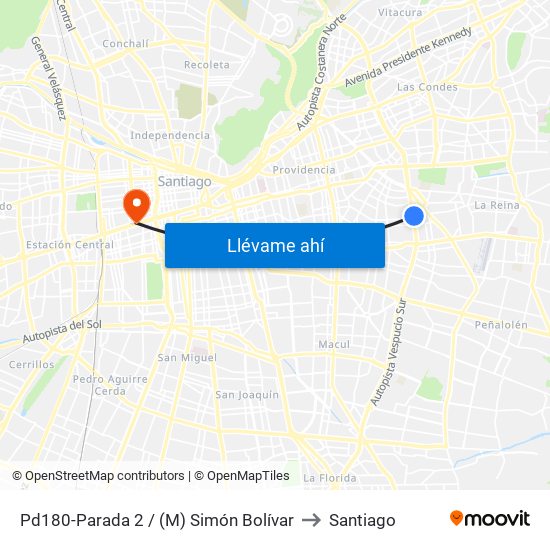 Pd180-Parada 2 / (M) Simón Bolívar to Santiago map
