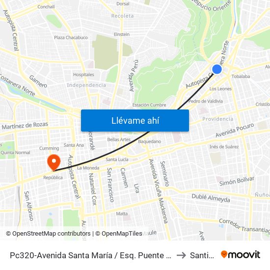 Pc320-Avenida Santa María / Esq. Puente Los Leones to Santiago map