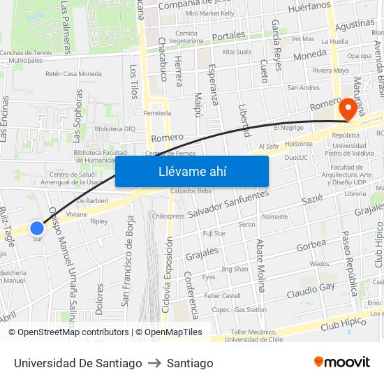 Universidad De Santiago to Santiago map